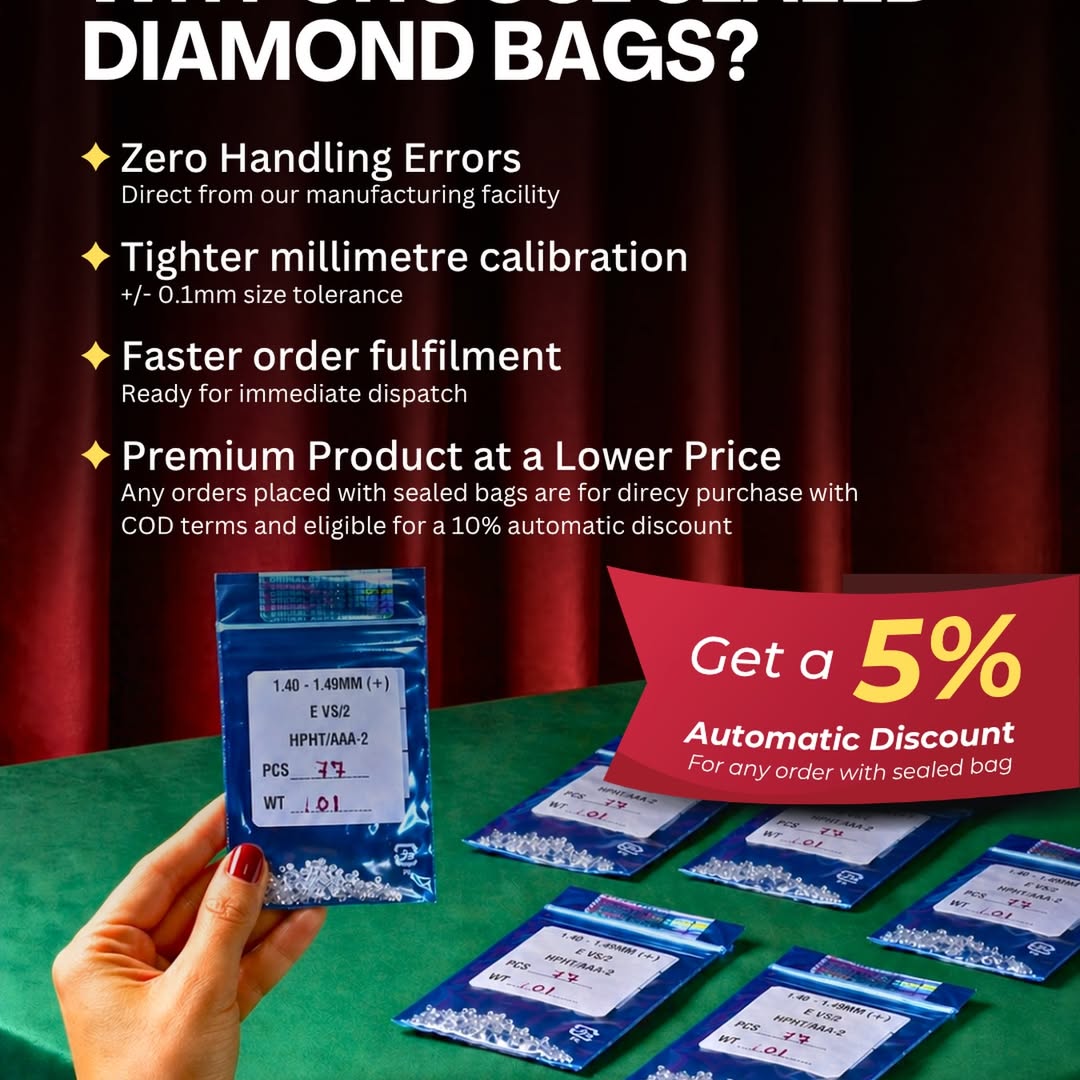 Still wasting time on sorting, verifying, and fixing errors? That’s not a process that’s a loss.

LGD sealed diamond bags are built for precision and speed. Factory-verified, tightly calibrated, and ready to use the moment they reach you. No rework. No delays. No uncertainty.

And now get 5% automatic savings on every sealed bag order. No codes. No conditions.

Less handling. More efficiency. Better margins.

#LabGrownDiamonds #DiamondWholesale #LGD #JewelryManufacturing #B2BJewelry

(lab grown diamonds wholesale, sealed diamond bags benefits, diamond bulk supplier, calibrated diamonds supplier, jewelry manufacturing diamonds bulk, diamond packaging solutions, lab diamonds bulk orders, B2B diamond supplier, diamond sorting solution, LGD diamonds)